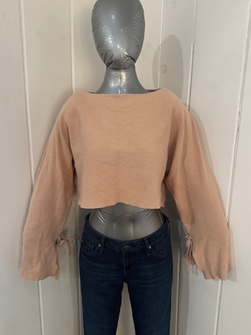 Zara Blush Cropped Boatneck Tie-Sleeve Sweater